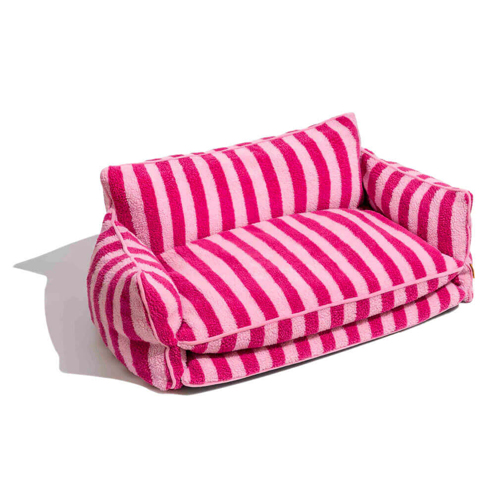 Plush Pet Couch with Washable Cover - Dual-Layer Cushioned Lounger for Dogs & Cats - Striped Fleece Nap Spot