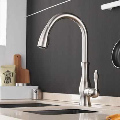 Pull-Down Kitchen Faucet with Spray Head | Single Handle Sink Faucet | Stainless Steel Spout | Pull-Out Sprayer for Farmhouse & Modern