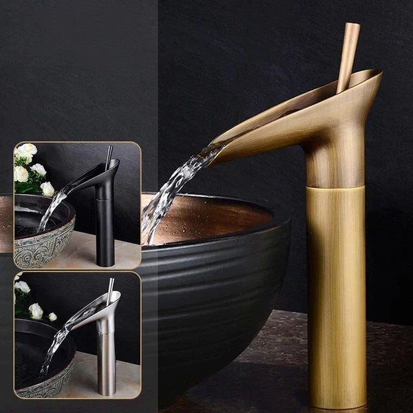 Single-Handle Waterfall Bathroom Faucet in Antique Bronze, Chrome, Gold & Black Finish for Vessel Sink