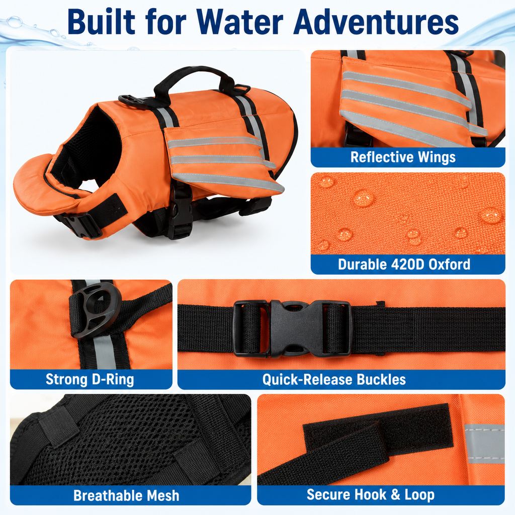 Ortekor French Bulldog Pool & Beach Reflective Angel-Wing Dog Life Jacket - Chin Float Support for Flat-Faced Dogs