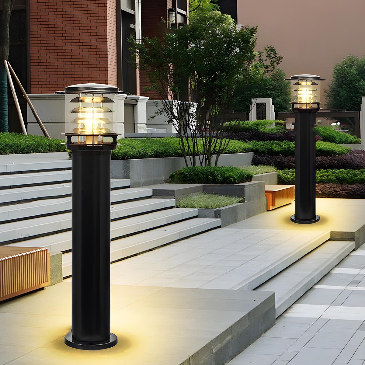 Layered Cylinder Pathway Light Bollard for Yard & Walkway 7W LED Weatherproof Post Lamp Aluminum Construction Black Bronze 12-32 in Heights