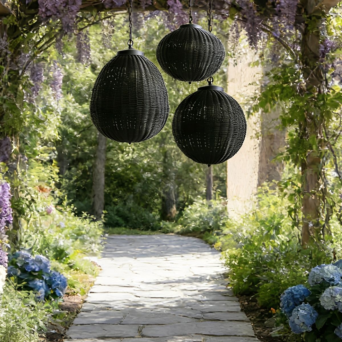 Woven Rattan Outdoor Hanging Lantern 16 in Black Waterproof Porch Light for Pergola Garden Patio Adjustable Cord E27 Socket