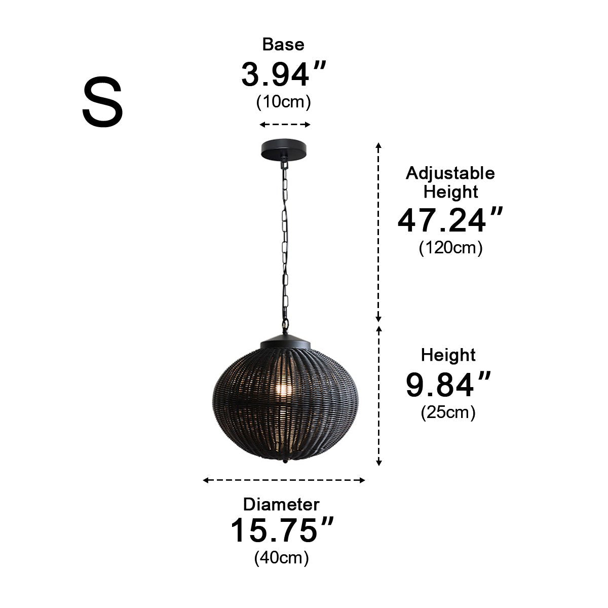 Woven Rattan Outdoor Hanging Lantern 16 in Black Waterproof Porch Light for Pergola Garden Patio Adjustable Cord E27 Socket