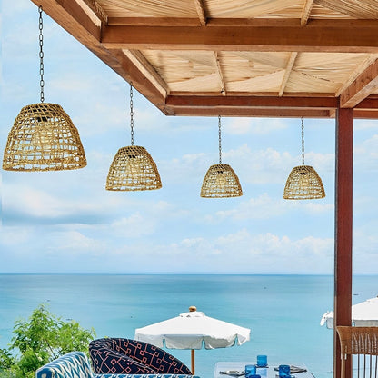 Solar Hanging Lantern for Patio Black Woven Weather-Resistant 9x7in Deck Fixture Cordless Eco LED Warm Glow Courtyard Walkway Outdoor Dining