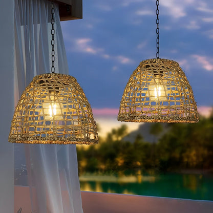 Solar Hanging Lantern for Patio Black Woven Weather-Resistant 9x7in Deck Fixture Cordless Eco LED Warm Glow Courtyard Walkway Outdoor Dining