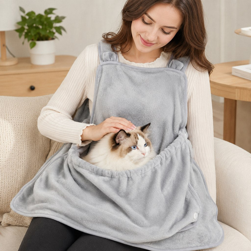 Ortekor Wearable Cat Cuddle Apron for Reading & Working at Home - Soft Plush Lap Pouch Helps Keep Cats Cozy and Fur Off Clothes