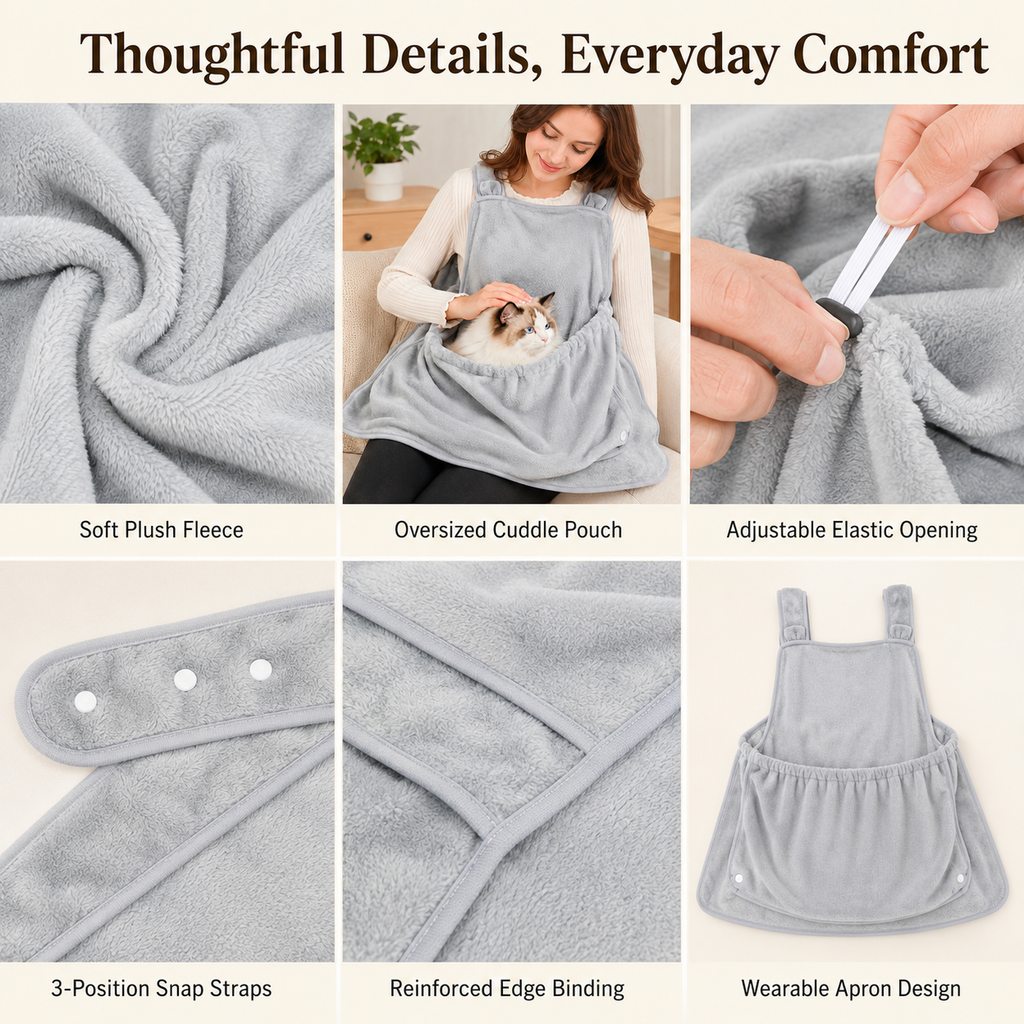 Ortekor Wearable Cat Cuddle Apron for Reading & Working at Home - Soft Plush Lap Pouch Helps Keep Cats Cozy and Fur Off Clothes