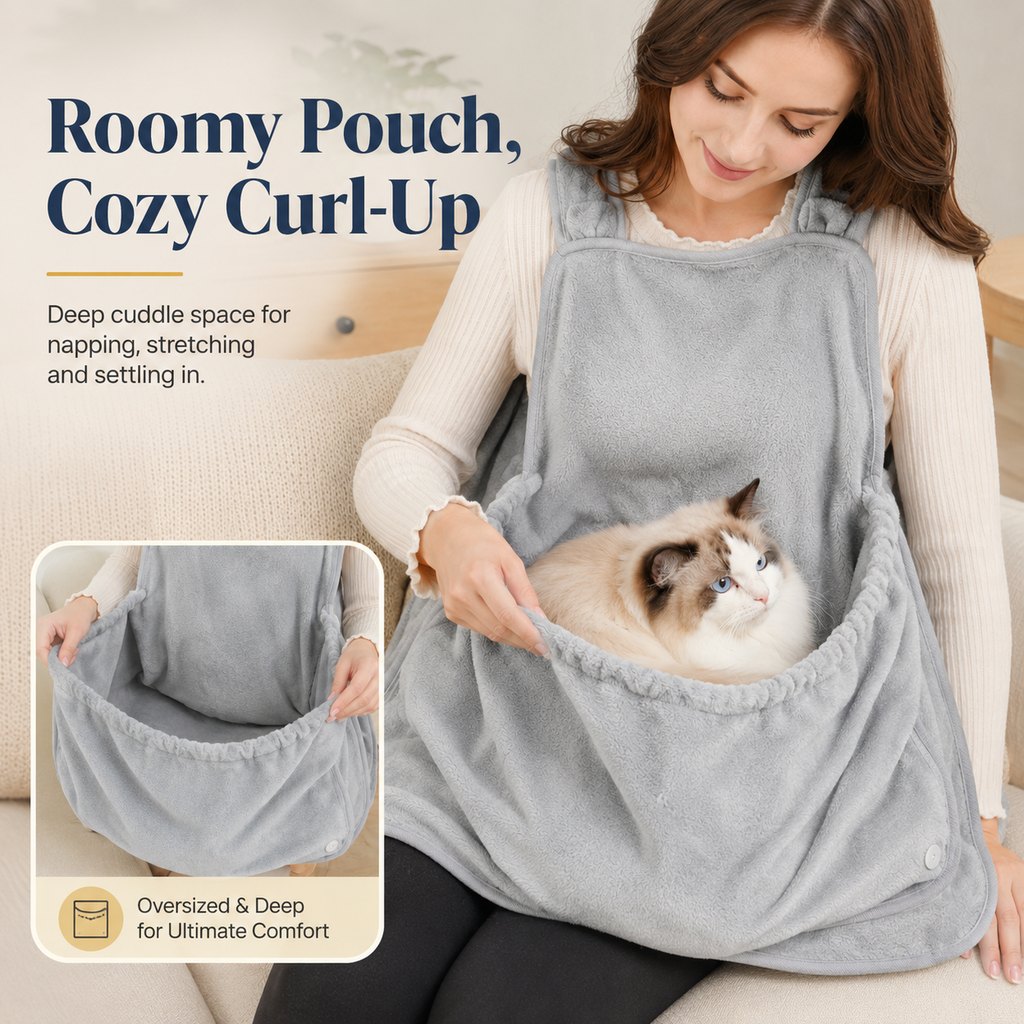 Ortekor Wearable Cat Cuddle Apron for Reading & Working at Home - Soft Plush Lap Pouch Helps Keep Cats Cozy and Fur Off Clothes