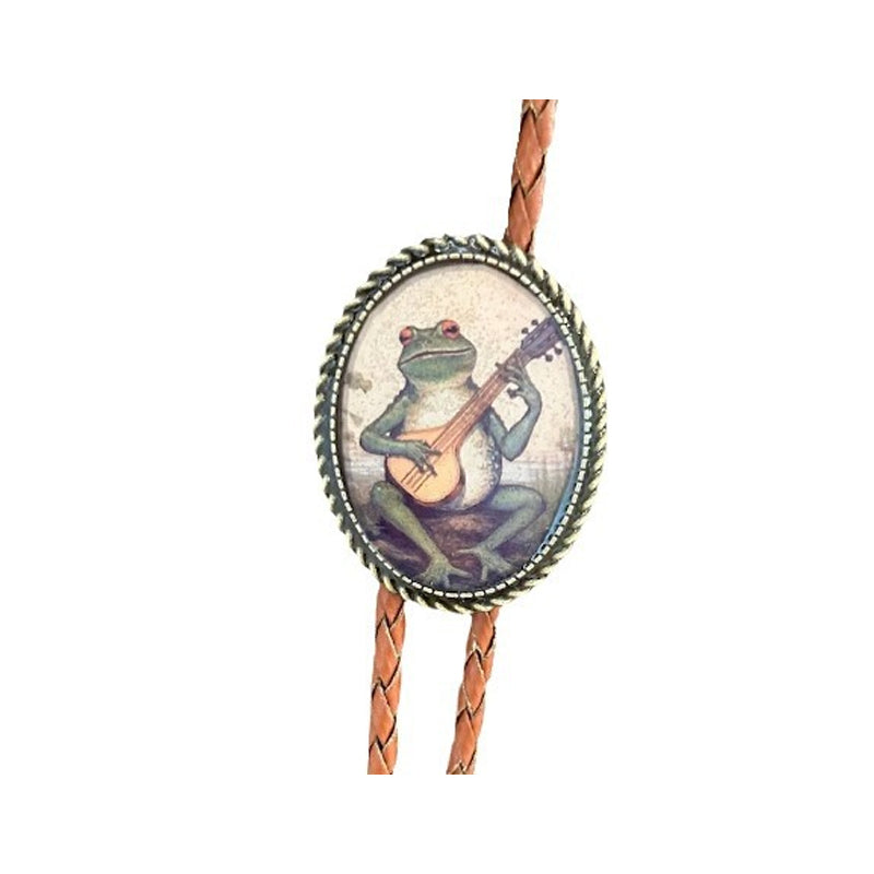 Western Bolo Tie with Frog Banjo Player Slide | Adjustable Leather Cord Neckwear | Resin & Metal Design for Men & Women | Country Music