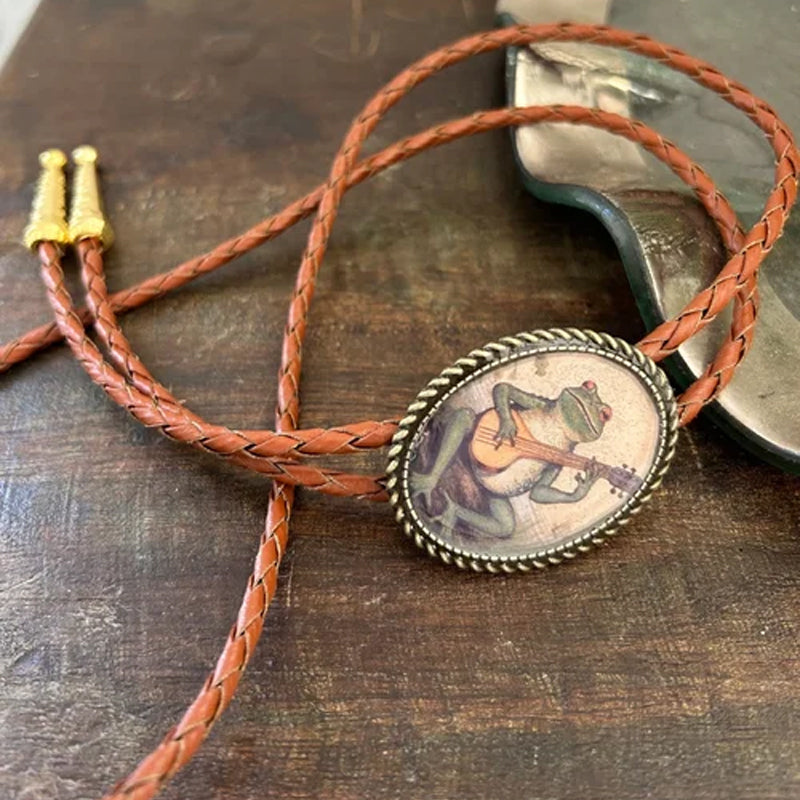 Western Bolo Tie with Frog Banjo Player Slide | Adjustable Leather Cord Neckwear | Resin & Metal Design for Men & Women | Country Music