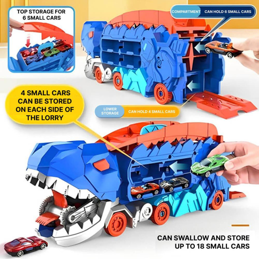 Dinosaur Truck Toy Set, Tyrannosaurus Toy Car Carrier for 18 Cars, 3 in 1 Race Track Toy with Dino Transformation