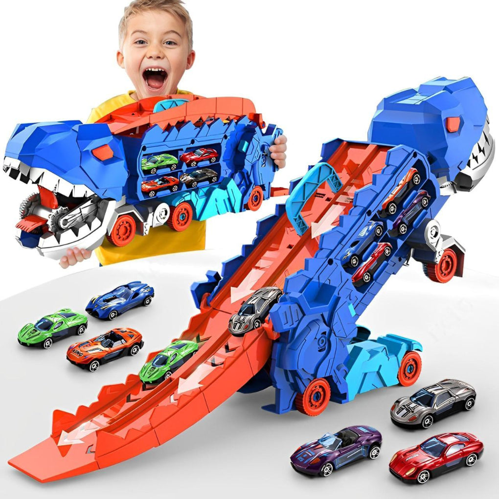 Dinosaur Truck Toy Set, Tyrannosaurus Toy Car Carrier for 18 Cars, 3 in 1 Race Track Toy with Dino Transformation