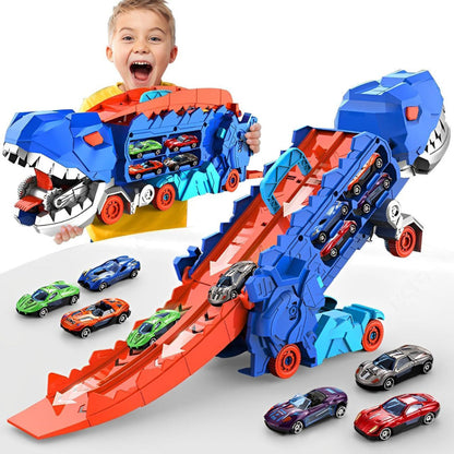 Dinosaur Truck Toy Set, Tyrannosaurus Toy Car Carrier for 18 Cars, 3 in 1 Race Track Toy with Dino Transformation