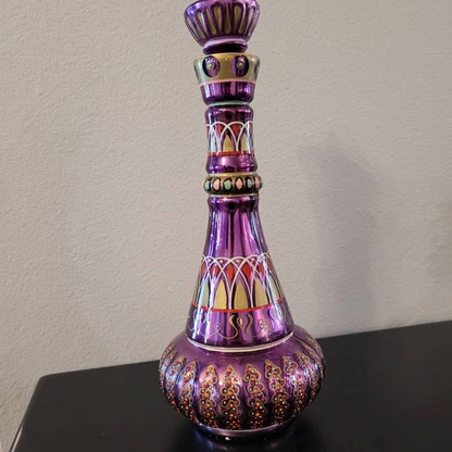 Purple Glass Genie Lamp Decorative Bottle with Mirrored Finish – Hand-Painted Brass Accent Statement Piece for Home Décor Display