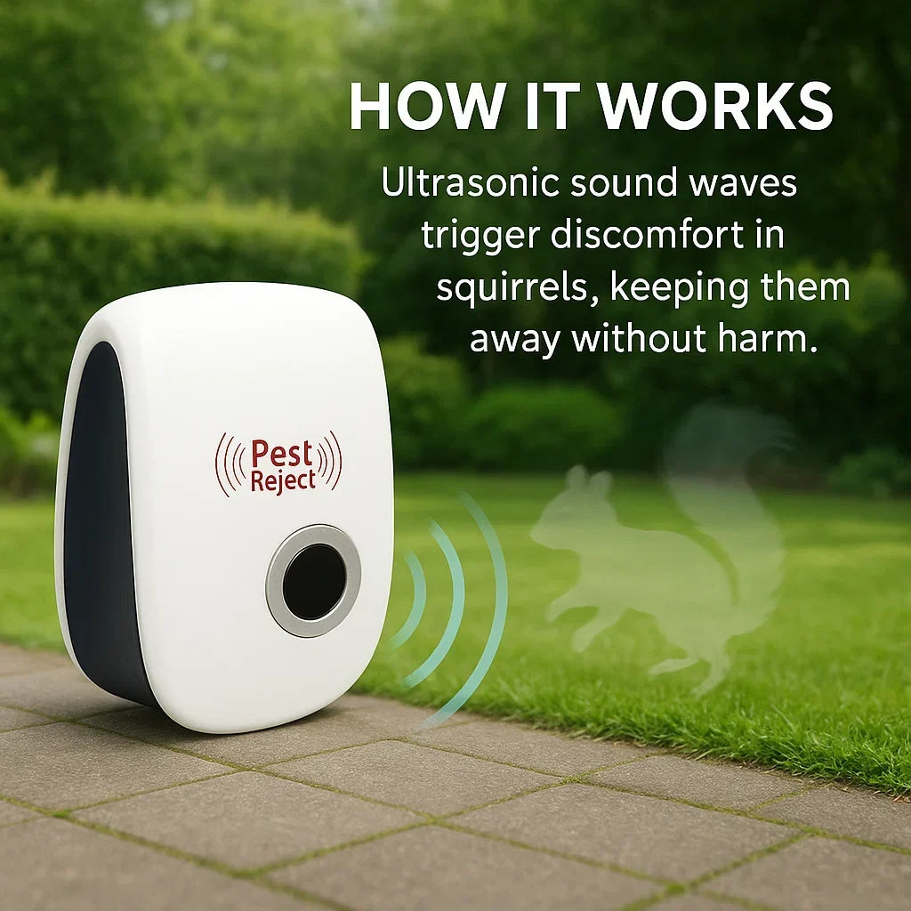 Outdoor Ultrasonic Squirrel Deterrent Device for Yards Gardens Patios Garage Chemical-Free Rodent Control Covers 800 Sq Ft Safe for Pets