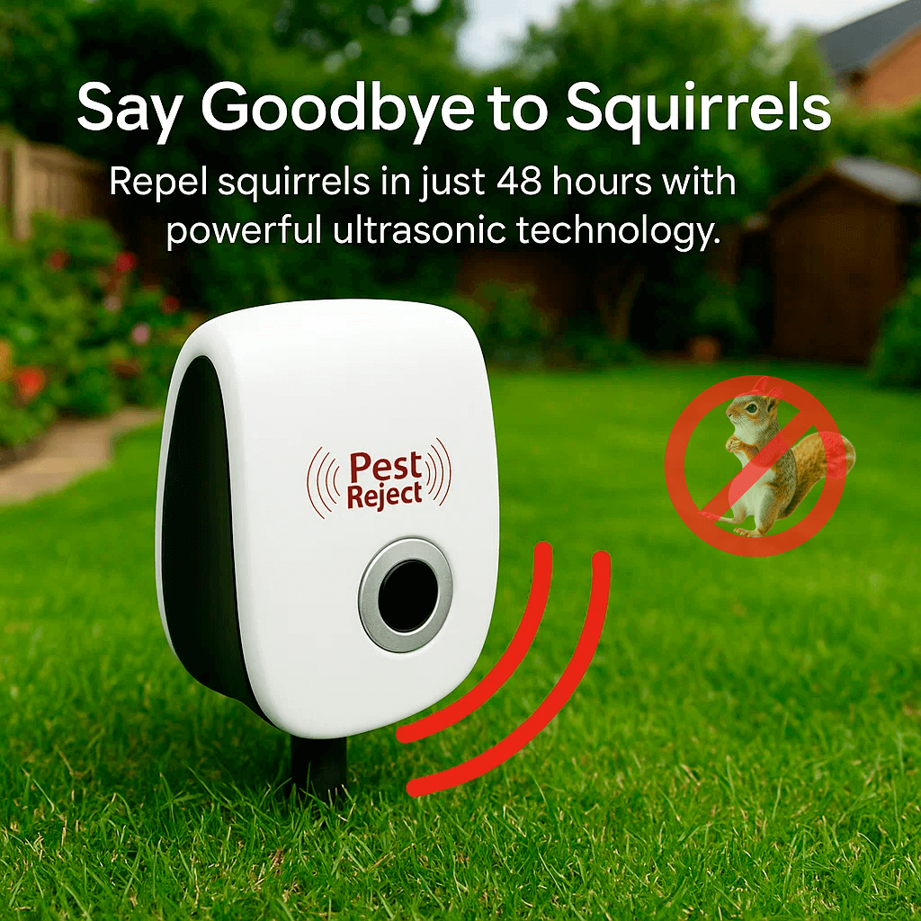 Outdoor Ultrasonic Squirrel Deterrent Device for Yards Gardens Patios Garage Chemical-Free Rodent Control Covers 800 Sq Ft Safe for Pets