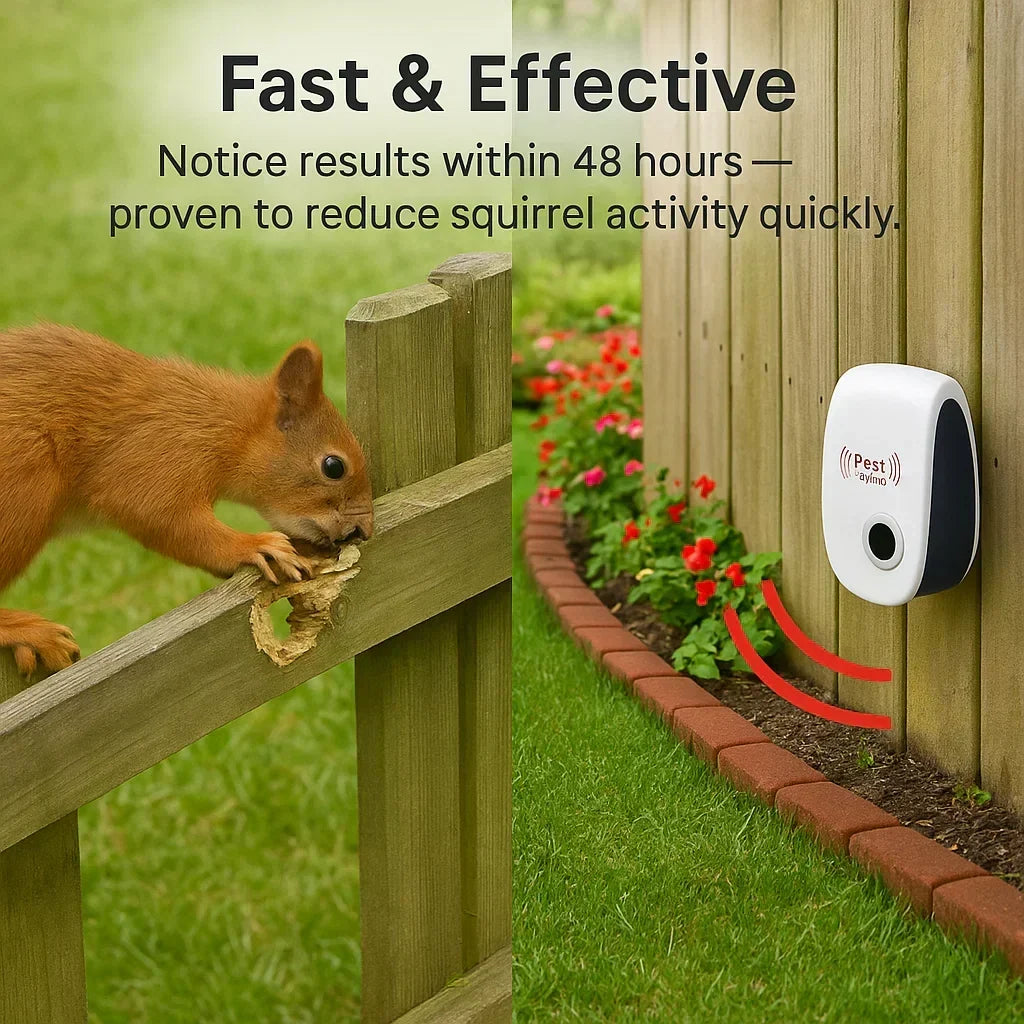 Outdoor Ultrasonic Squirrel Deterrent Device for Yards Gardens Patios Garage Chemical-Free Rodent Control Covers 800 Sq Ft Safe for Pets