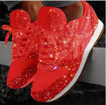 Women's Sparkling Low-Top Athletic Shoes – Shimmer Finish Lace-Up Sneakers for Everyday Wear & Casual Outfits