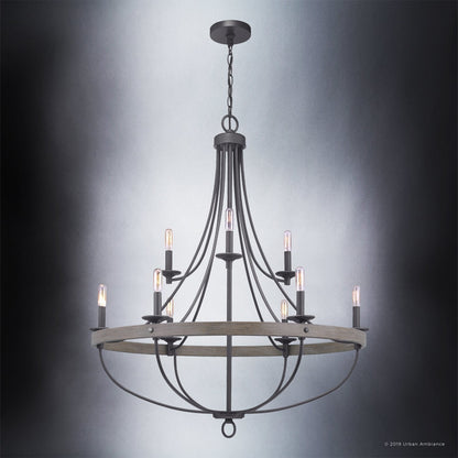 9-Light Steel Pendant Fixture Round Industrial Farmhouse Ceiling Light Charcoal 35-Inch Dining Room Open Cage Chandelier Adjustable Height