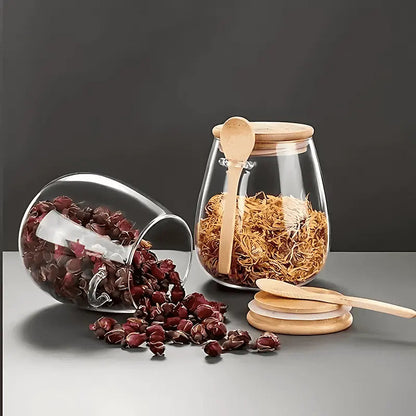 Clear Glass Canister with Bamboo Lid & Spoon for Pantry Organization Coffee Beans Loose Tea Dry Goods Kitchen Counter Storage Jar Airtight S