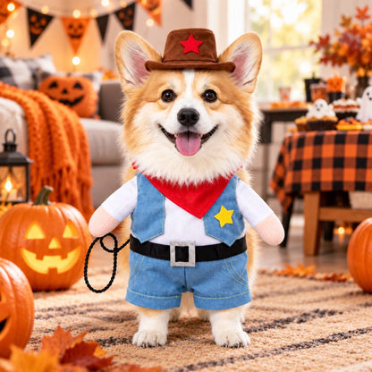 Cowboy Dog Costume for Halloween & Parties – Western Sheriff Outfit with Hat, Bandana & Plush Arms