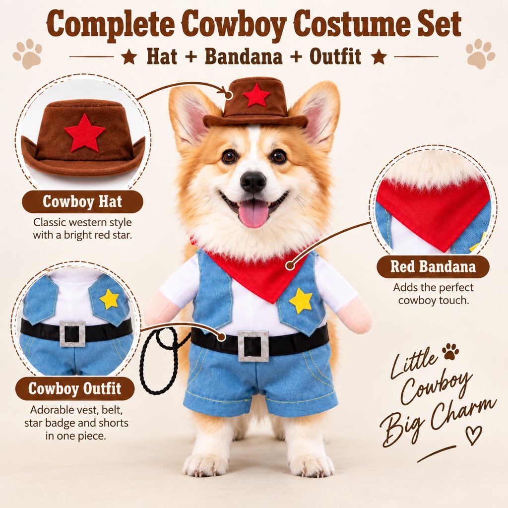 Cowboy Dog Costume for Halloween & Parties – Western Sheriff Outfit with Hat, Bandana & Plush Arms