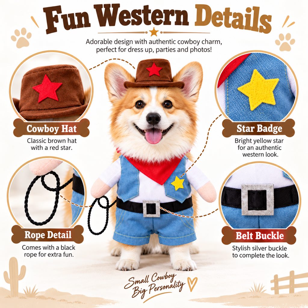 Cowboy Dog Costume for Halloween & Parties – Western Sheriff Outfit with Hat, Bandana & Plush Arms