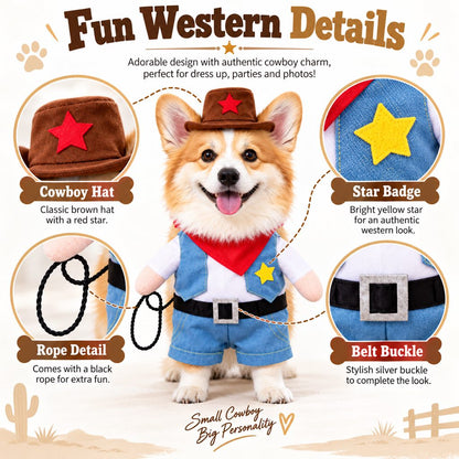 Cowboy Dog Costume for Halloween & Parties – Western Sheriff Outfit with Hat, Bandana & Plush Arms