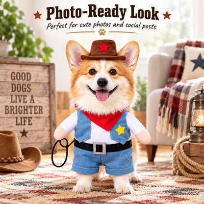 Cowboy Dog Costume for Halloween & Parties – Western Sheriff Outfit with Hat, Bandana & Plush Arms