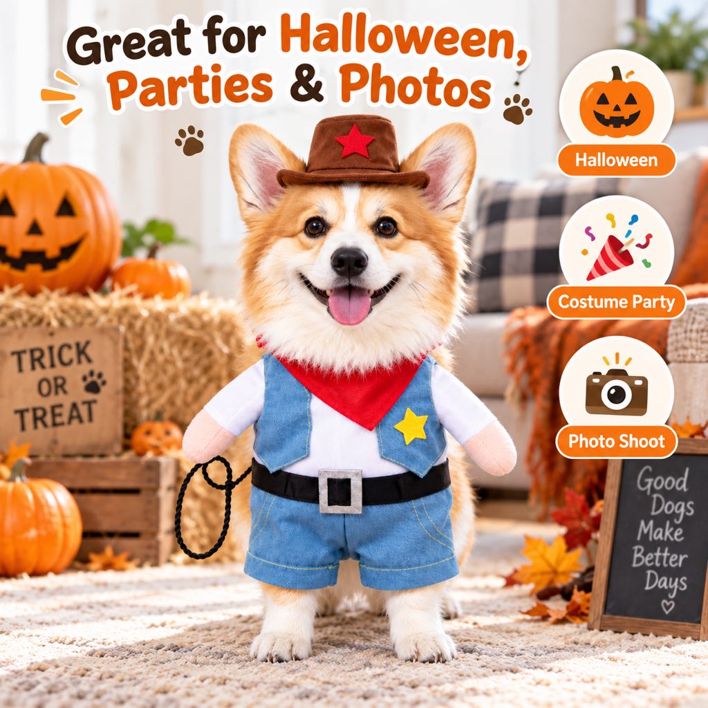 Cowboy Dog Costume for Halloween & Parties – Western Sheriff Outfit with Hat, Bandana & Plush Arms