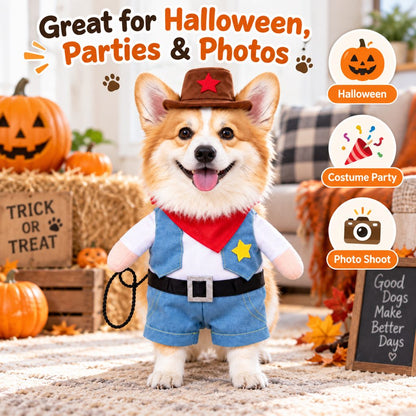 Cowboy Dog Costume for Halloween & Parties – Western Sheriff Outfit with Hat, Bandana & Plush Arms