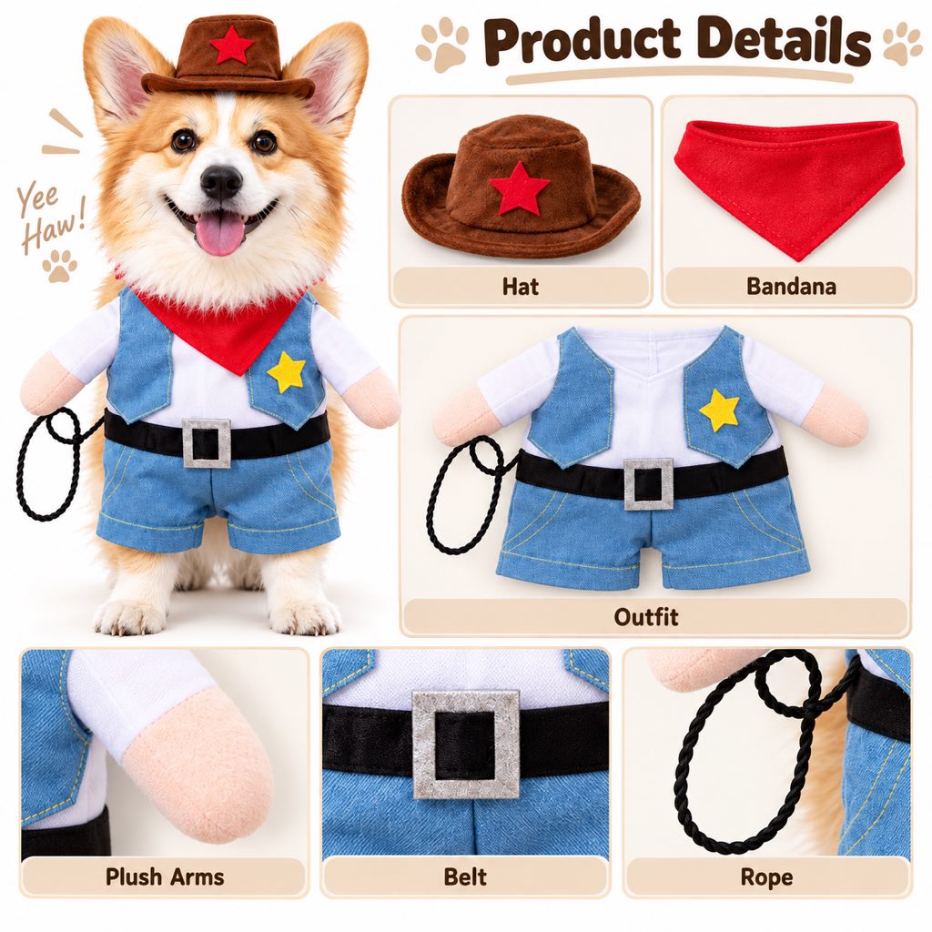 Cowboy Dog Costume for Halloween & Parties – Western Sheriff Outfit with Hat, Bandana & Plush Arms