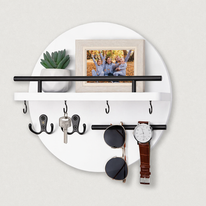 Circular Wood Wall Key Organizer with Shelf & Hooks for Entryway – Natural Finish, Multi-Hook Design for Keys, Accessories & Small Decor