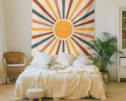 Boho Sun Tapestry Wall Hanging – Neutral Earth Tone Fabric Art Décor for Living Room, Bedroom & Dorm