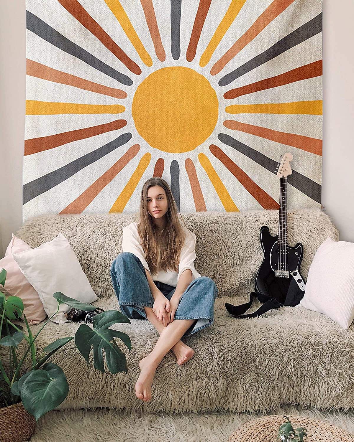Boho Sun Tapestry Wall Hanging – Neutral Earth Tone Fabric Art Décor for Living Room, Bedroom & Dorm