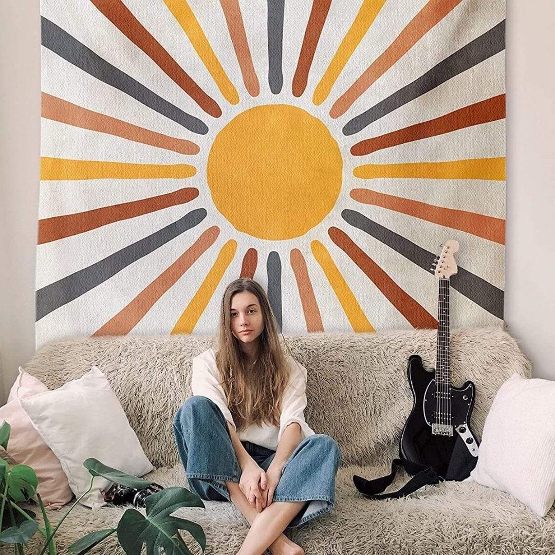 Boho Sun Tapestry Wall Hanging – Neutral Earth Tone Fabric Art Décor for Living Room, Bedroom & Dorm
