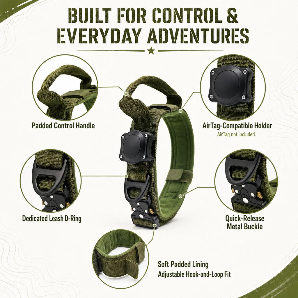 Ortekor AirTag-Compatible Tactical Dog Collar with Control Handle - Close Control for Walks, Trails & Busy Areas