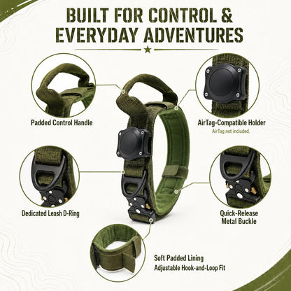 Ortekor AirTag-Compatible Tactical Dog Collar with Control Handle - Close Control for Walks, Trails & Busy Areas
