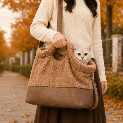 Ortekor Winter Sherpa Pet Carrier Bag for Walks & Vet Visits - Stable Bottom, Secure Handheld Shoulder Tote for Cats & Small Pets