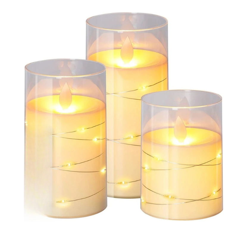 Flameless LED Candles with String Lights – Remote Control Battery Operated Timer Candles for Home Decor, Weddings, Christmas & Parties