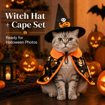 Ortekor Halloween Cat Witch Hat & Cape Costume Set for Party Photos - Easy Festive Look for Cats