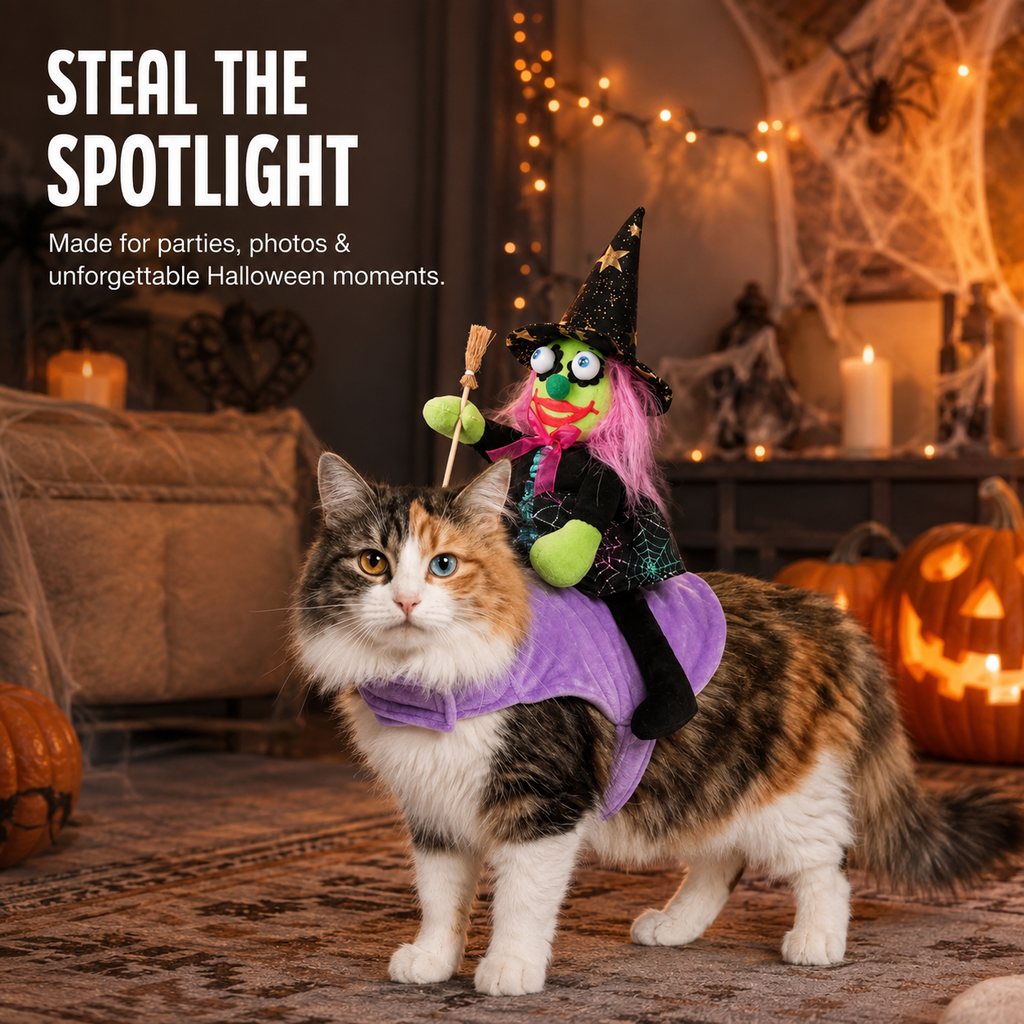 Ortekor 3D Witch Rider Halloween Pet Costume for Trick-or-Treating, Parties & Photos – Instant Funny Look for Dogs & Cats