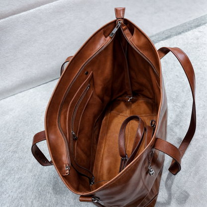 Vintage Leather Tote Bag | Large Zippered Handbag with Adjustable Strap | Stylish Everyday Carry for All Essentials