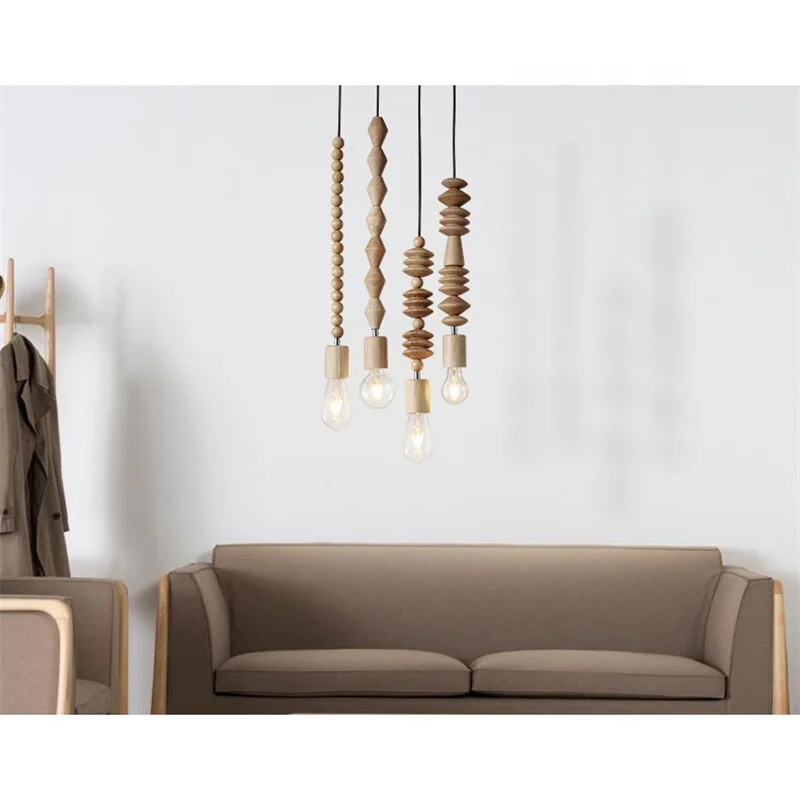 Hanging Ceiling Fixture with Natural Wood Bead Detail 48 inch Drop Modern Japandi Suspension Lamp for Dining Room Living Area Overhead Light