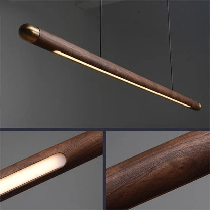 Wooden Linear Suspension Fixture 43 Inch Overhead Lighting for Kitchen Counter & Dining Area Warm Glow Adjustable Height