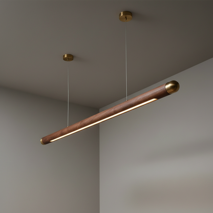 Wooden Linear Suspension Fixture 43 Inch Overhead Lighting for Kitchen Counter & Dining Area Warm Glow Adjustable Height