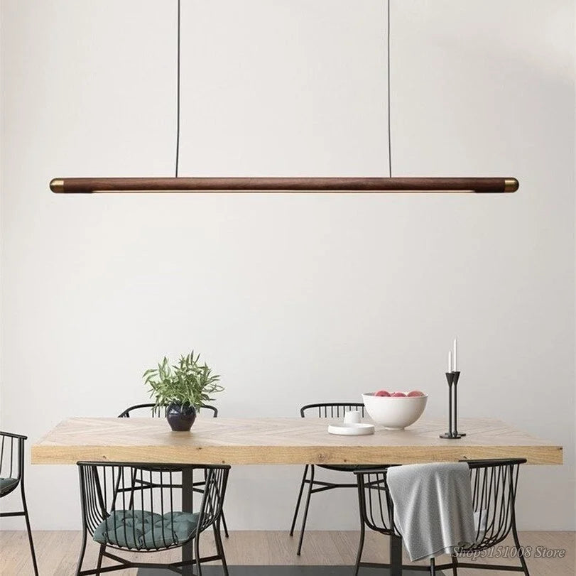 Wooden Linear Suspension Fixture 43 Inch Overhead Lighting for Kitchen Counter & Dining Area Warm Glow Adjustable Height