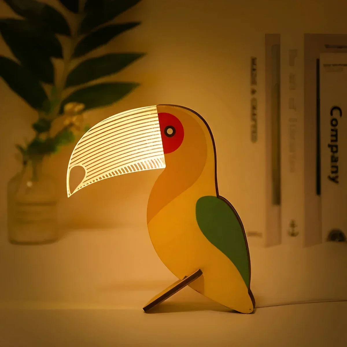 Illuminated Animal Night Light for Kids Room Soft LED Table Lamp Wood Base Acrylic USB Powered Touch Control Pelican Whale Toucan Constellat