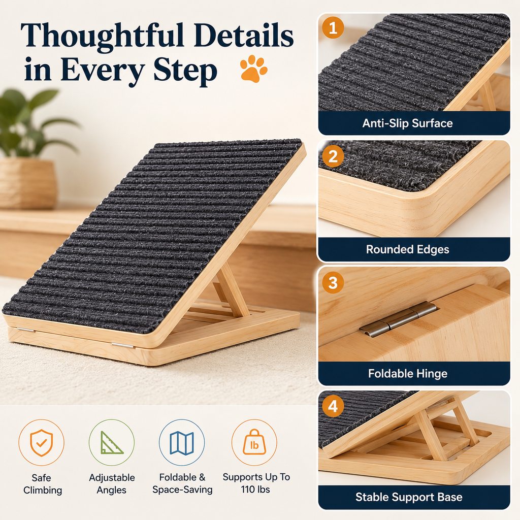 Ortekor Foldable Wooden Dog Stairs for Small Dogs - Non-Slip Pet Ramp for Sofa, Bed & Indoor Steps