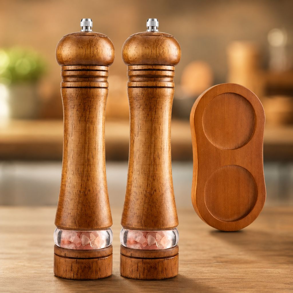 Manual Salt and Pepper Mill Set Adjustable Coarseness Clear Window Natural Wood Finish Handcrank Spice Grinder for Kitchen Dining Table